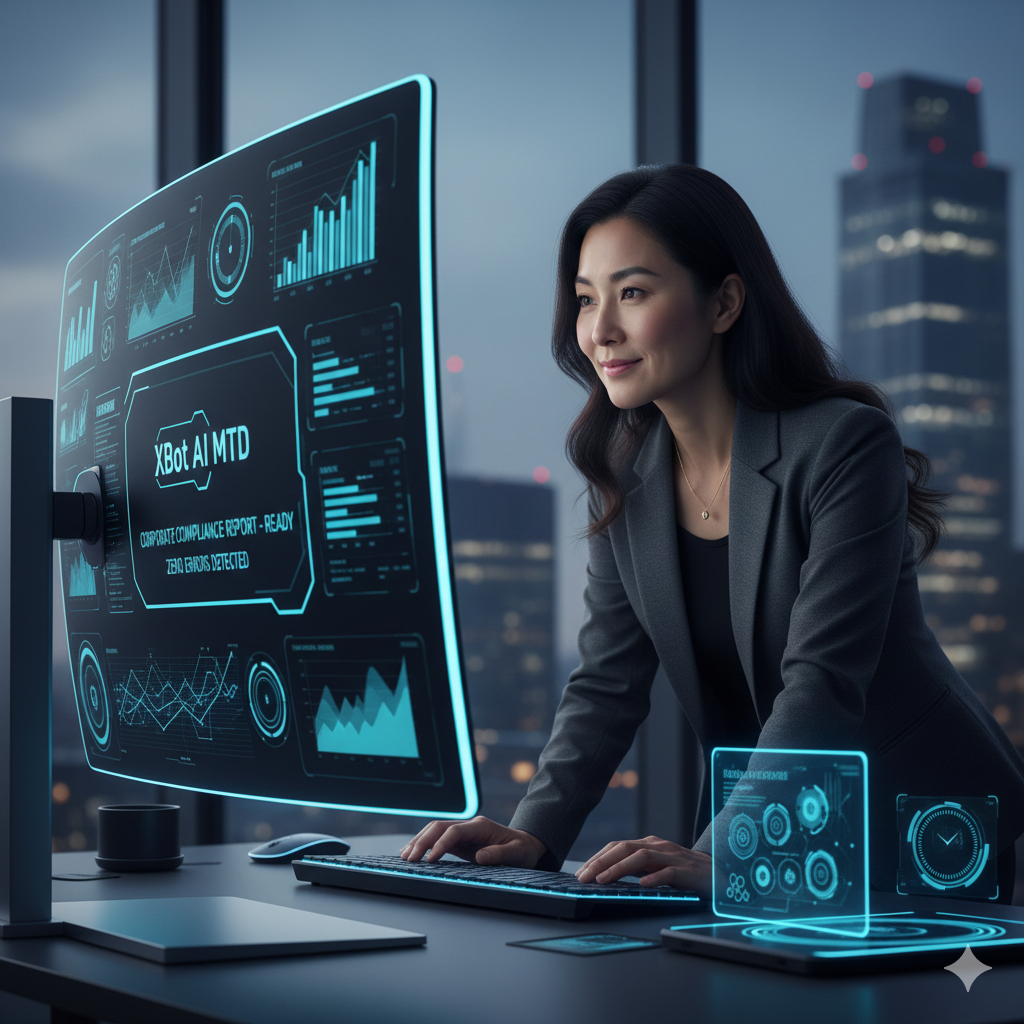 A small business owner confidently reviewing corporate data on a sleek, dark-themed computer screen.