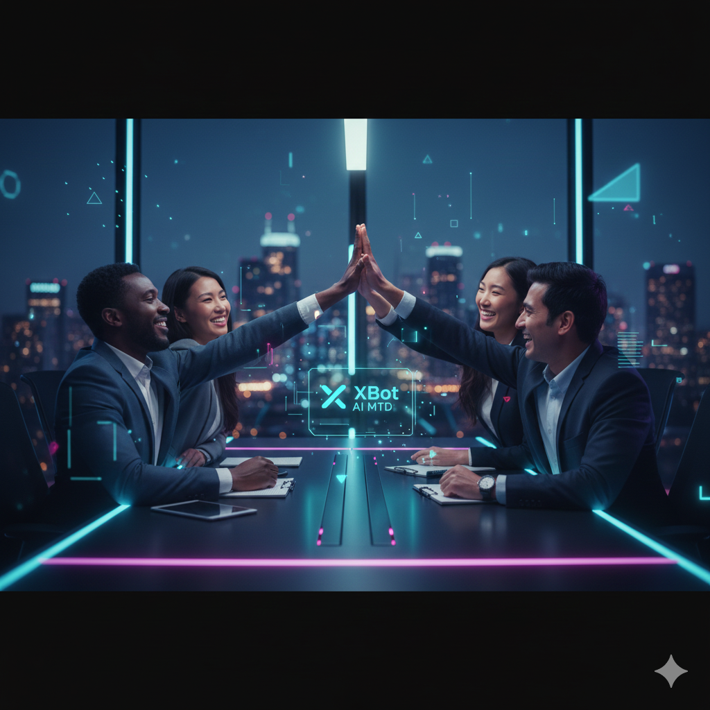 A diverse group of small business owners confidently giving a high-five.